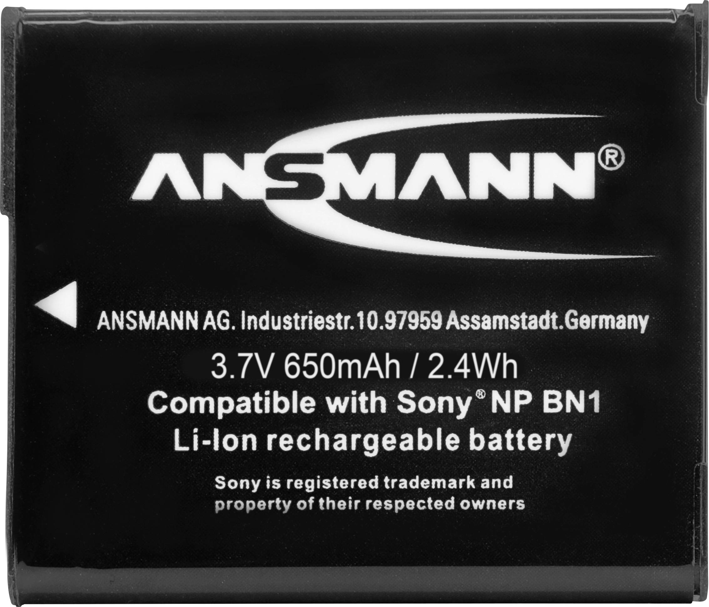 Sort batteri med hvid tekst: 'Ansmann, kompatibel med Sony NP BN1, 3,7V 650mAh/2,4Wh, genopladeligt, fremstillet i Tyskland.'