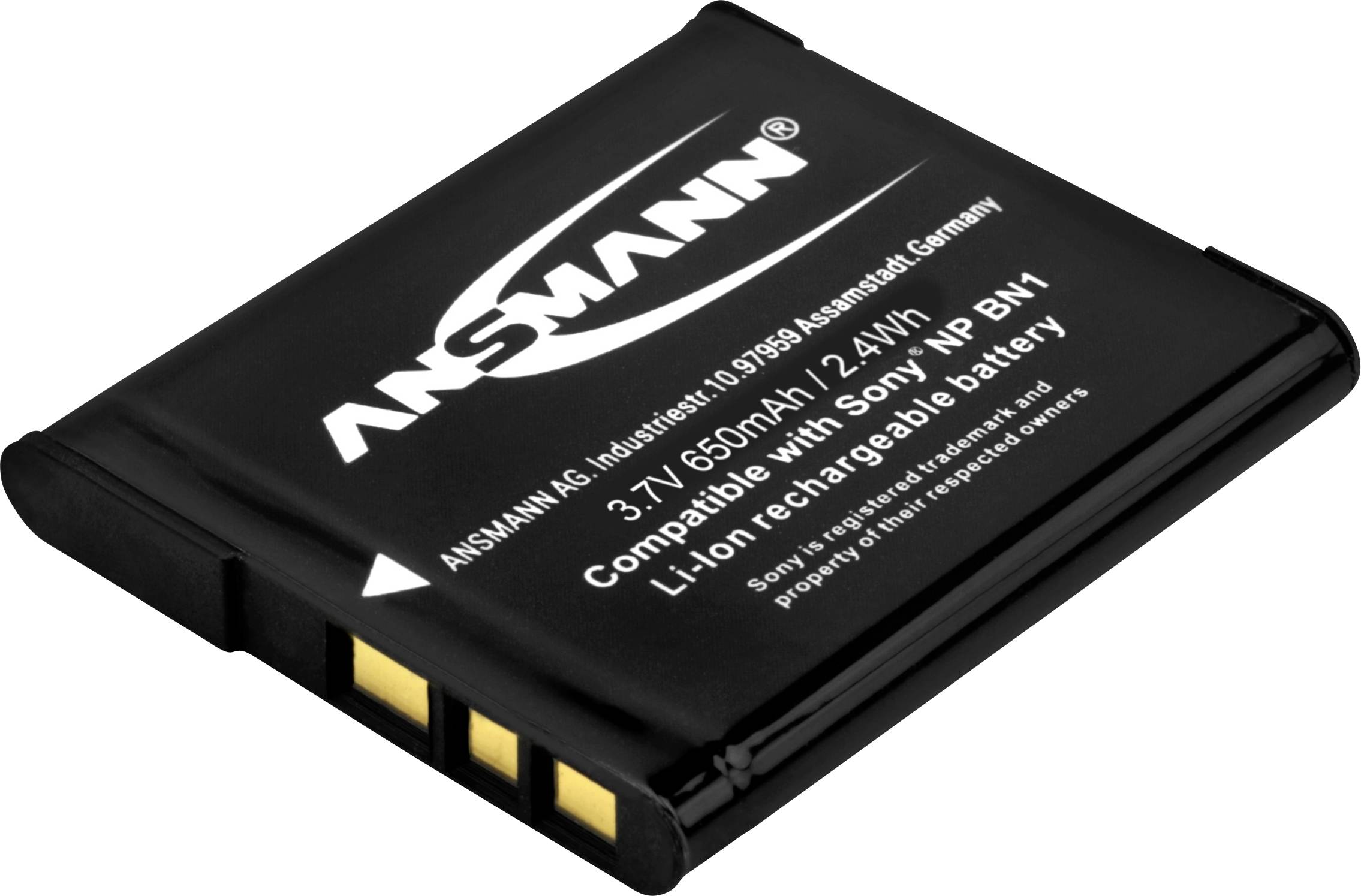 Lithium-ion batteri med påskriften 'ANSMANN', 3,7V, 650mAh, kompatibel med Sony NP-BN1, sort, viser tre forgyldte kontakter.