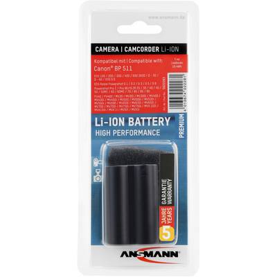 Li-Ion kamera-/videokamera-batteri fra Ansmann, kompatibel med Canon BP 511. 7,4V, 2200mAh. Emballagen viser produktet og fem års garanti.