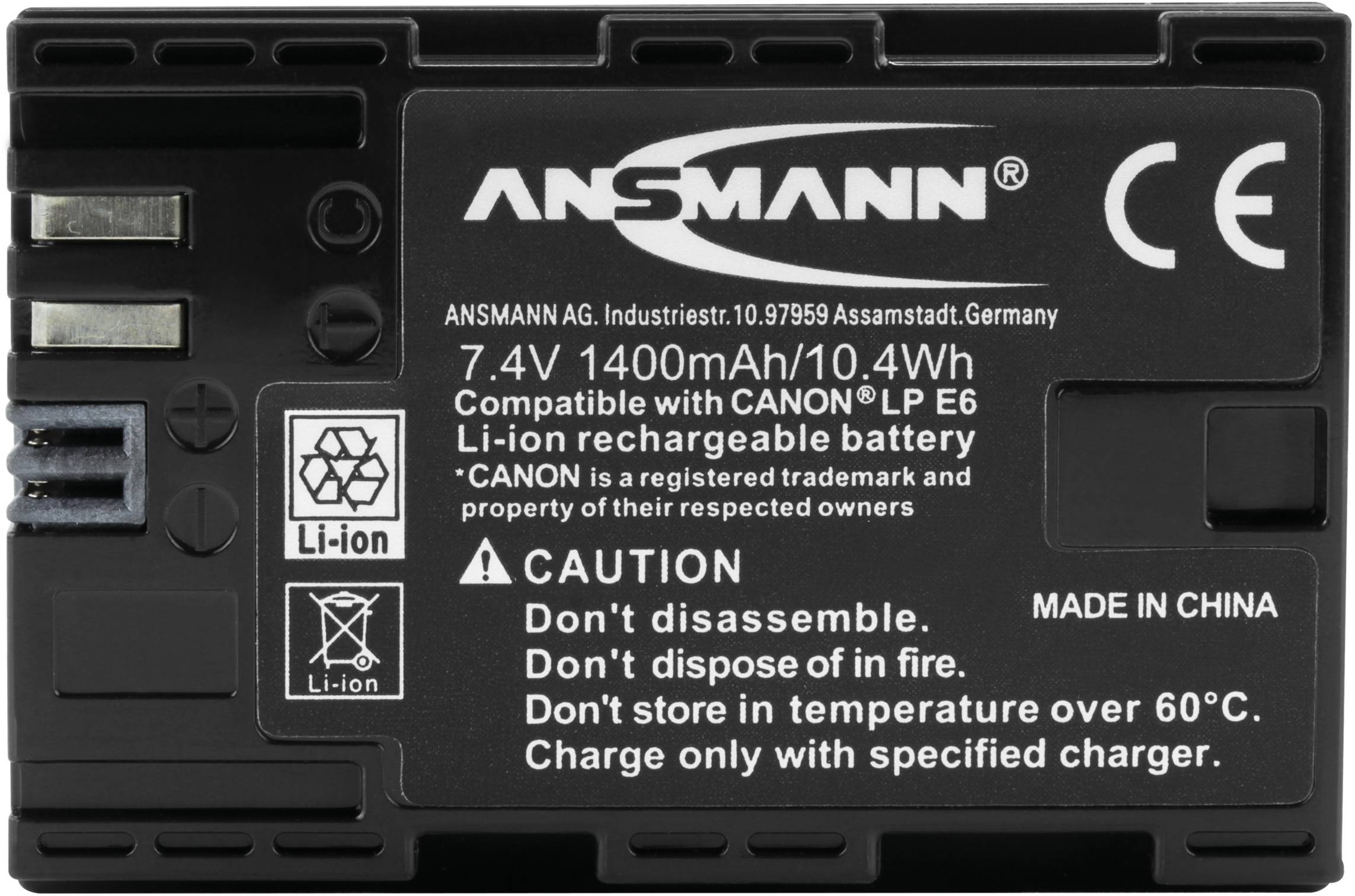 Sort Lithium-ion-batteri med 7,4 V, 1400 mAh. Advarsler: 'Må ikke adskilles', 'Må ikke kasseres i ild'. Kompatibel med Canon LP E6, fremstillet i Kina.