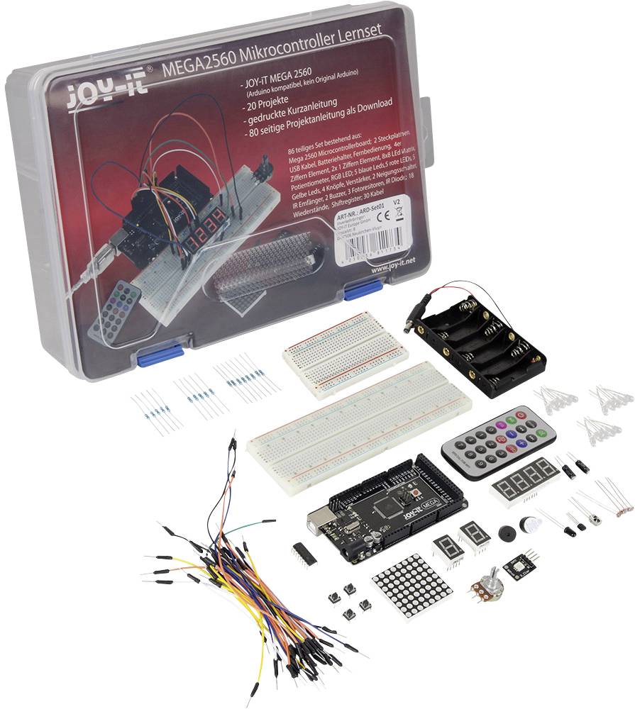 Mikrocontroller-sæt med forskellige elektroniske komponenter, kabler og printplader til projekter og programmering.