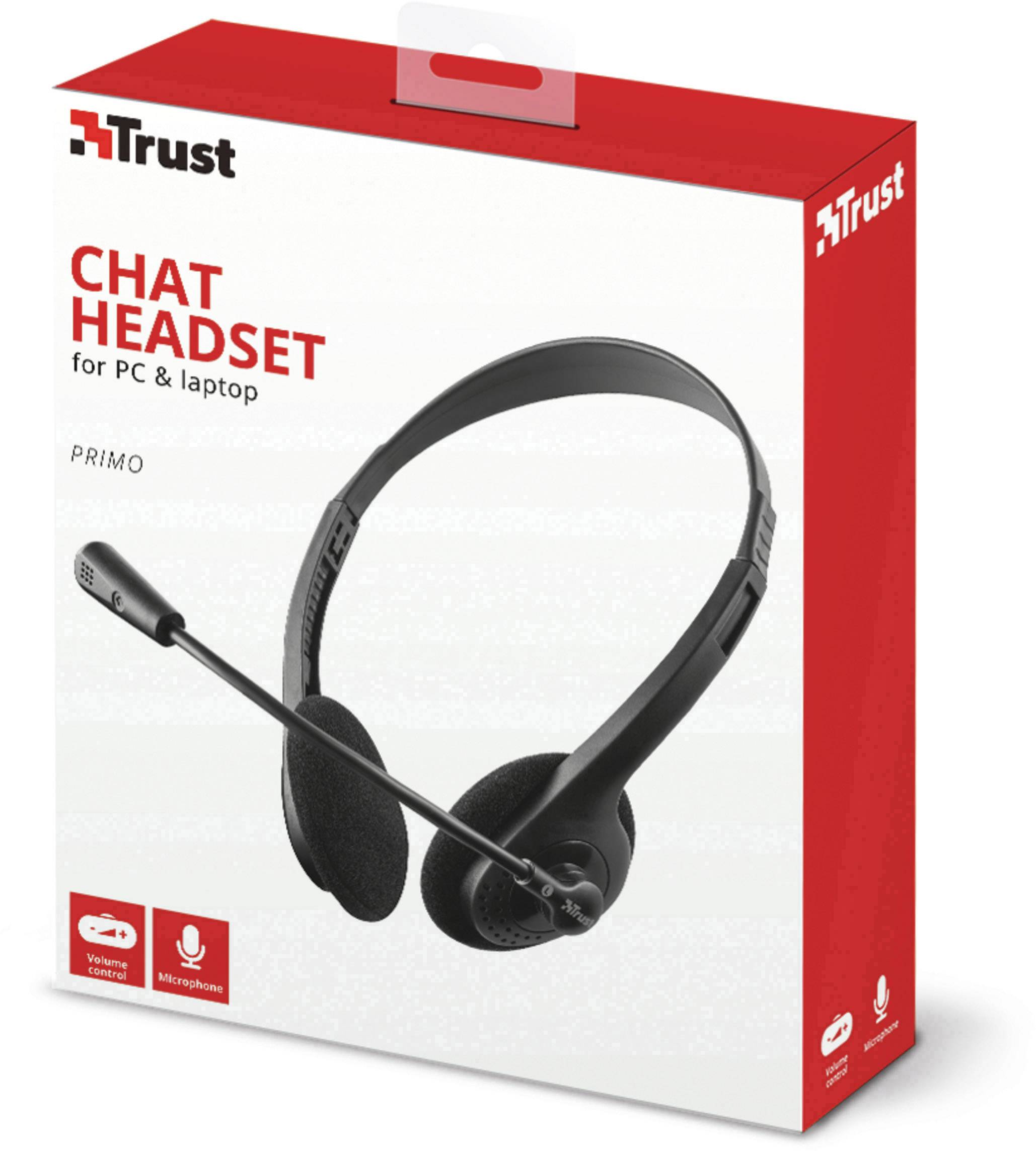 'Trust' Chat-headset-emballagen viser et sort headset med mikrofon, egnet til PC og bærbar computer. Funktioner: Lydstyrkeregulering, behagelig at bruge.