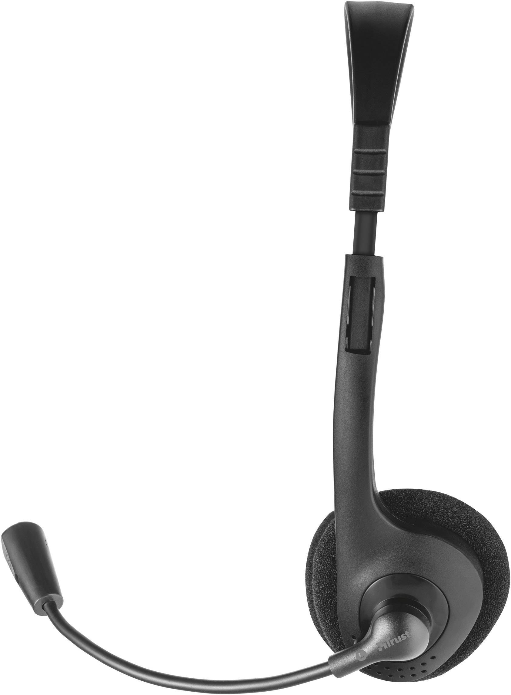 Sort headset med mikrofonarm, egnet til talekommunikation eller online-møder. Ideelt til brug på kontoret.