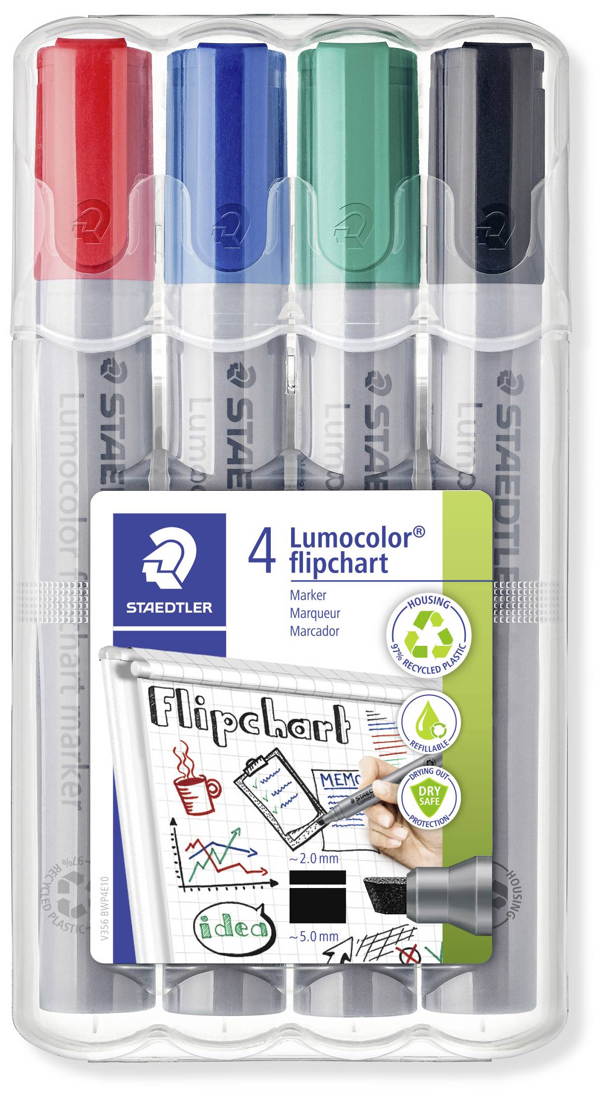 Vierpack Lumocolor flipover-markere fra Staedtler i farverne rød, blå, grøn og sort, med plastikemballage.