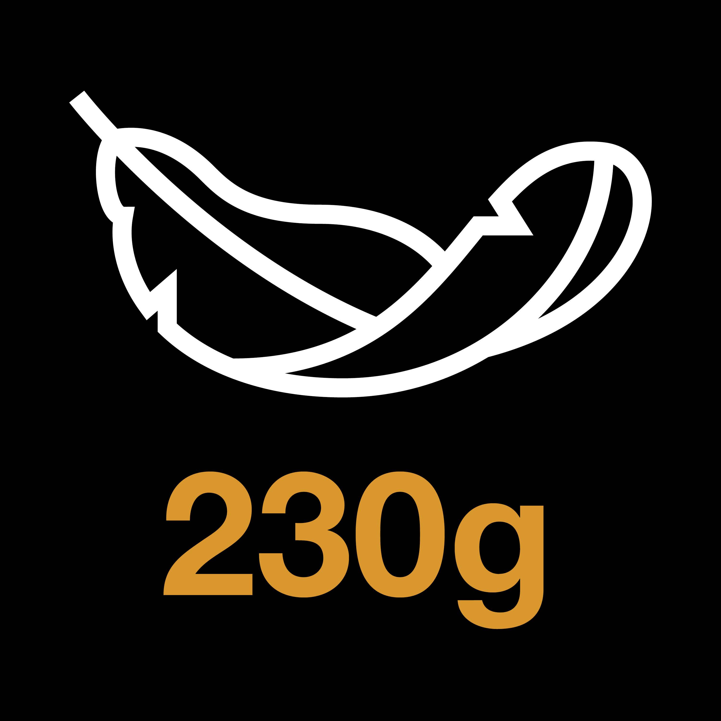 Billedet viser et hvidt fjer-symbol over det orange tal '230g' på en sort baggrund.