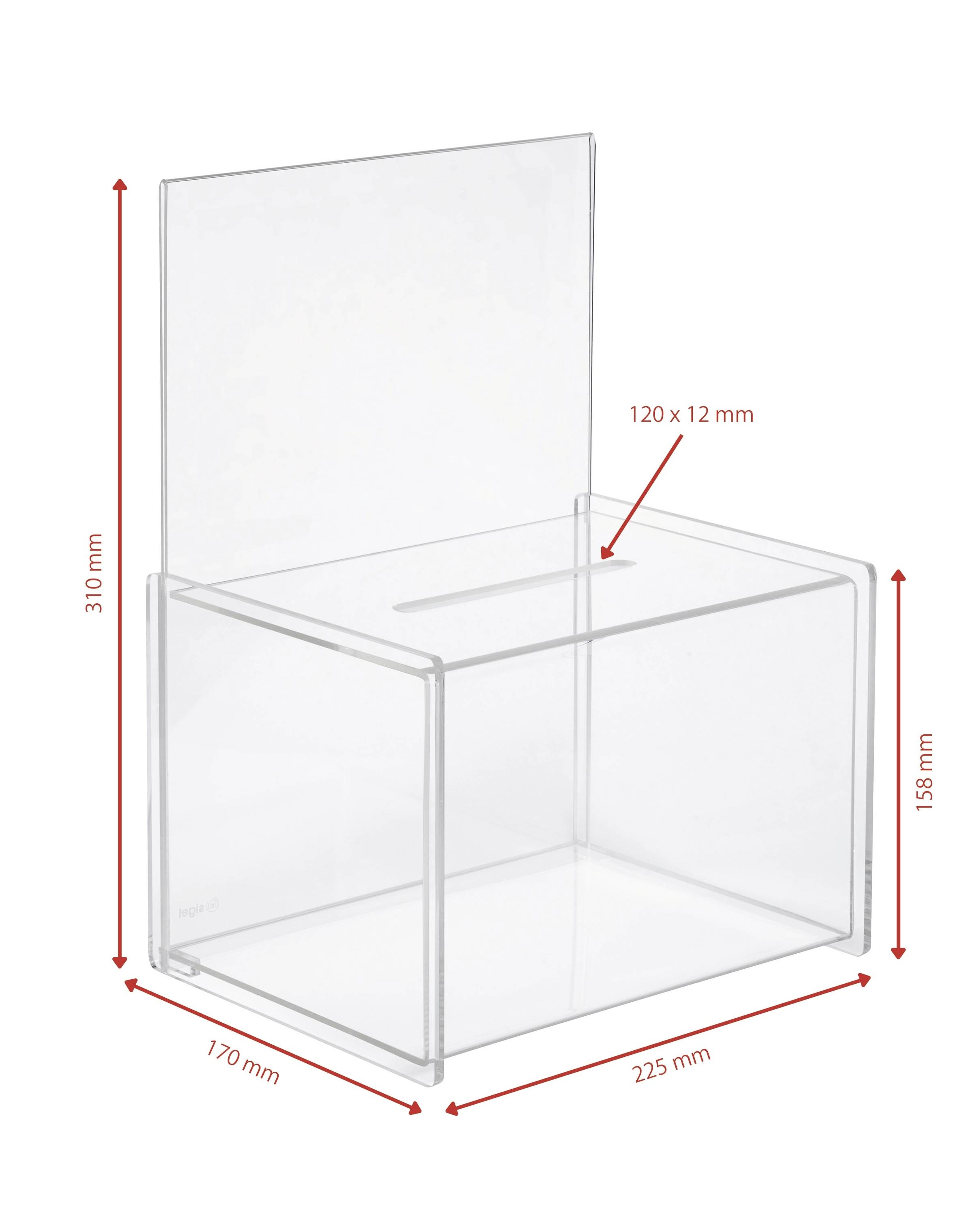 Klar akryl stemmeboks med dimensioner: 170 mm dybde, 225 mm bredde, 158 mm højde og 310 mm bagbeklædning. Øverste slot: 120 x 12 mm.