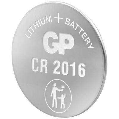 Sølvopladelig lithium-knappcellebatteri CR2016 fra GP Ultra+ med plustegn og symbol for at holde væk fra børn.
