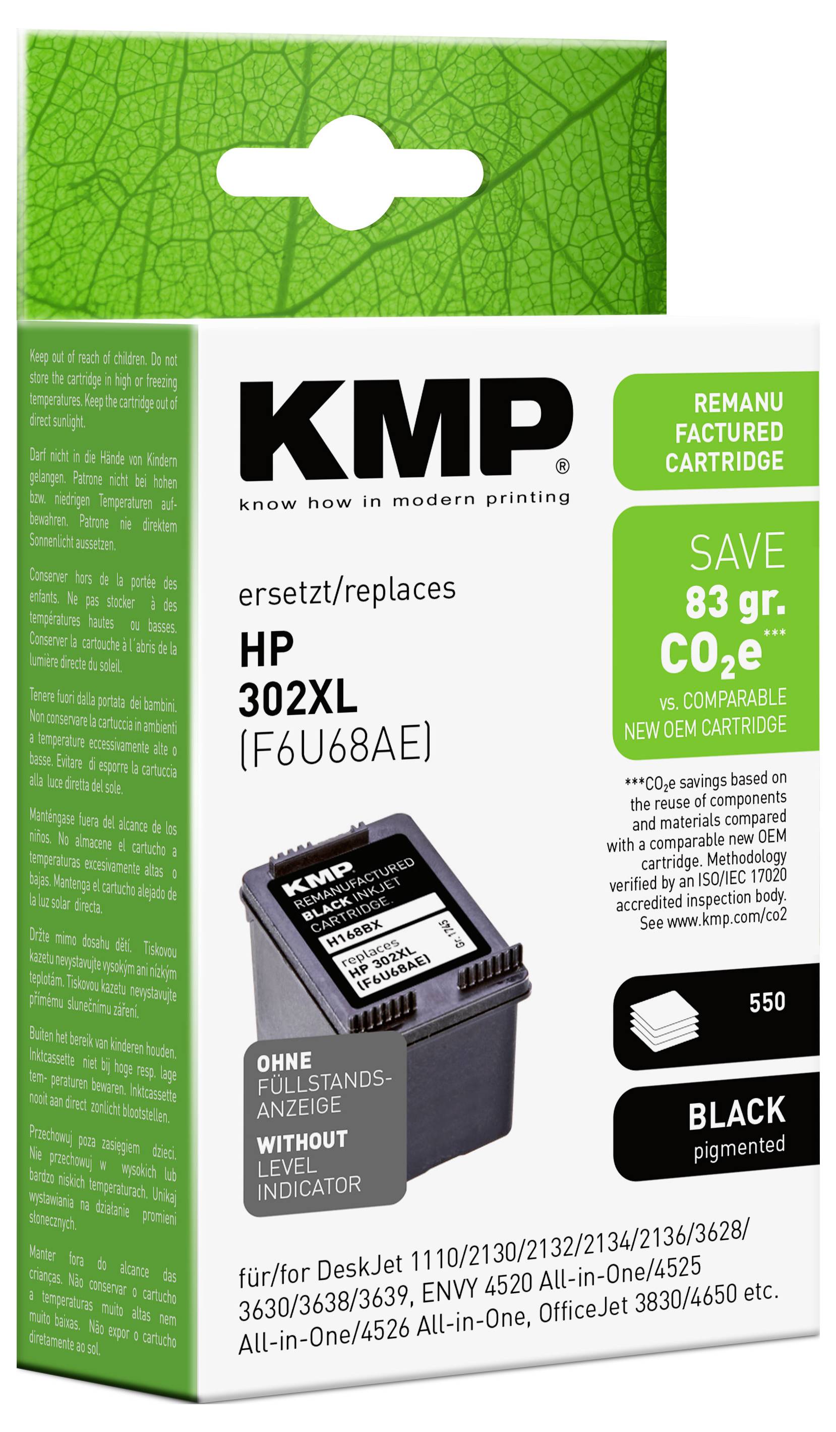 KMP sort udskiftnings blækpatron æske til HP 302XL, der viser "SPAR 83 gr. CO2e" og kompatibilitet med flere DeskJet og OfficeJet printere.