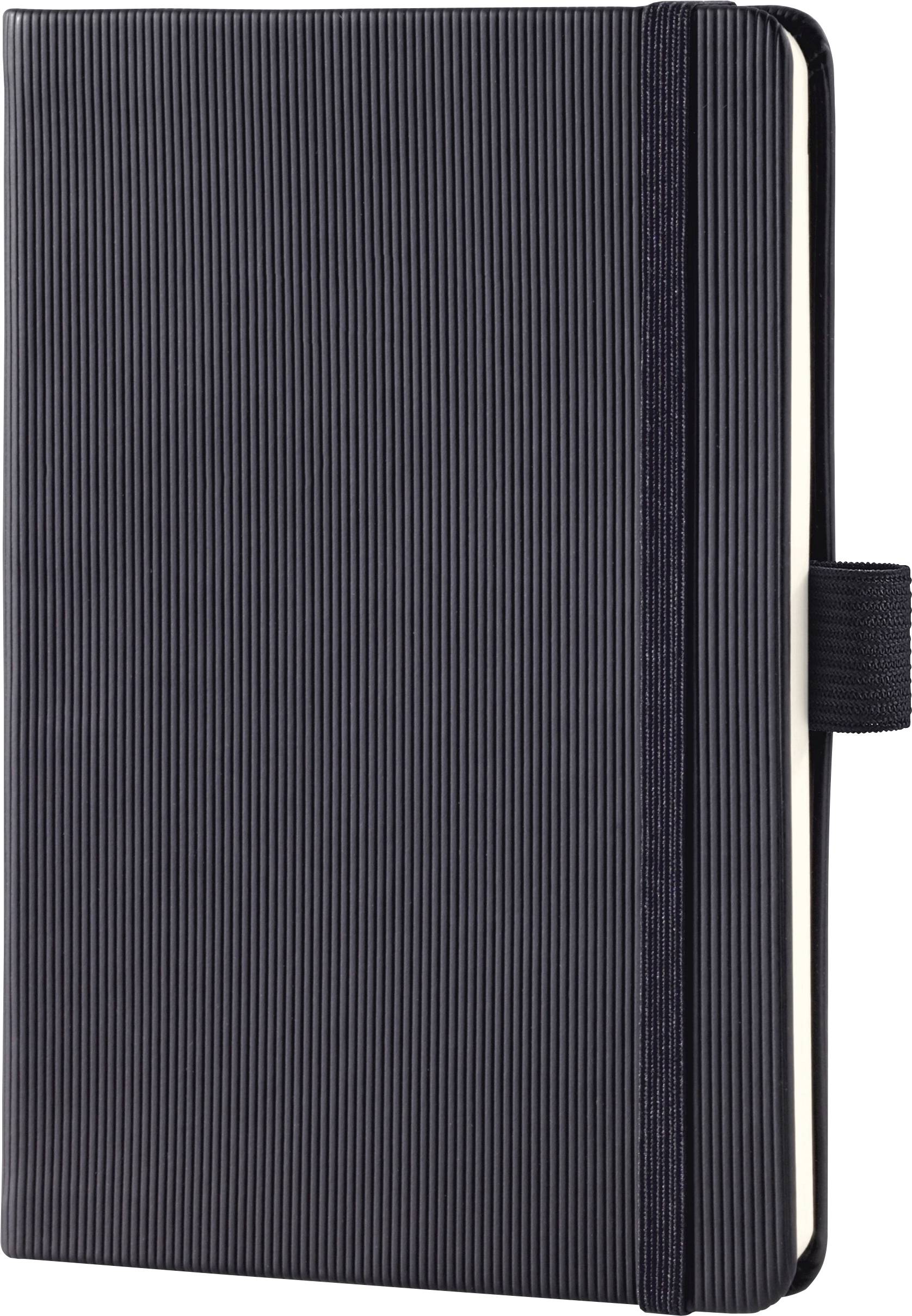 Sort ribbet hardcover notesbog med elastik lukking og sidepenneløkke på hvid baggrund.
