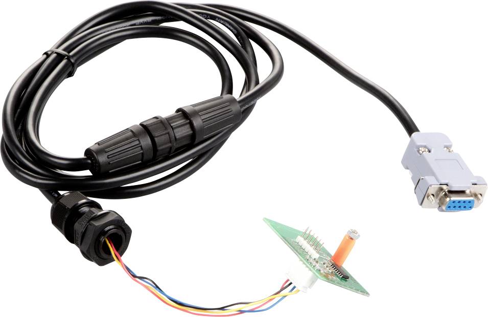 Et sort kabel med en blå stik og flere farvede ledninger, forbundet med en lille grøn trykt kredsløb.