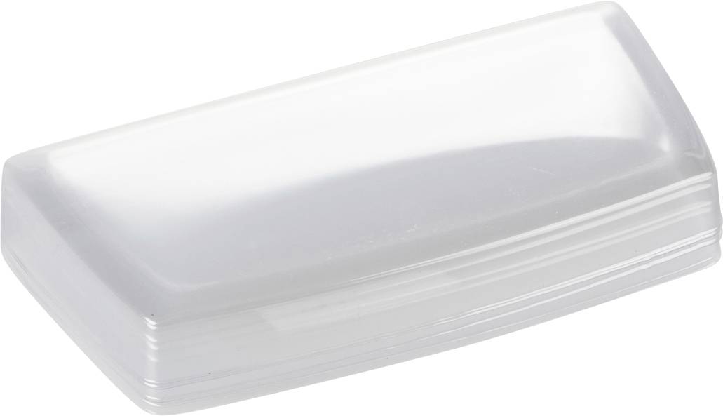 En gennemsigtig rektangulær plastboks med afrundede hjørner, egnet til opbevaring af små genstande.