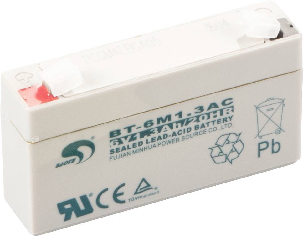 Bly-syre-batteri, forseglet type. Model BT-6M1.3AC. Kapacitet: 1,3 Ah ved 20 timer. Producent: Minhua Power Source Co., Ltd.