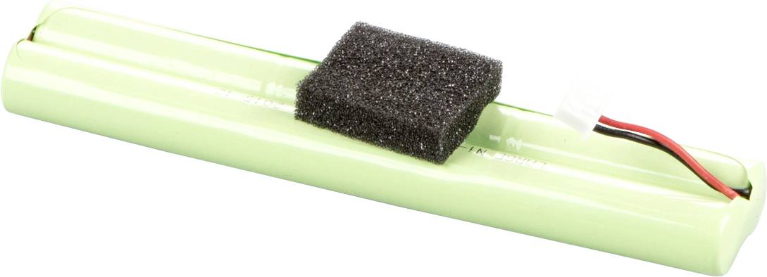 En aflang grøn battericylinder med et sort skumstykke og et kabelstik. Batteri egnet til fjernstyret enhed.