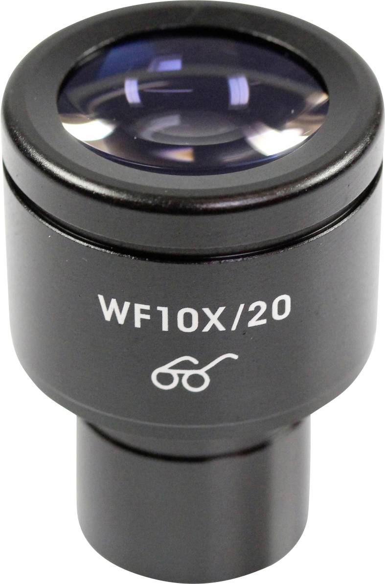 Okularlinse mærket 'WF10X/20' med et brillelignende symbol. Udviklet til optisk forstørrelse.