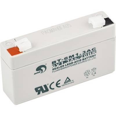 Hvid forseglet blysyre-batteri, Model BT-6M1.3AC, 6V, 1.3Ah, fra Fujian Minhua Power Source Co. Ltd., med CE- og TÜV-certificering.