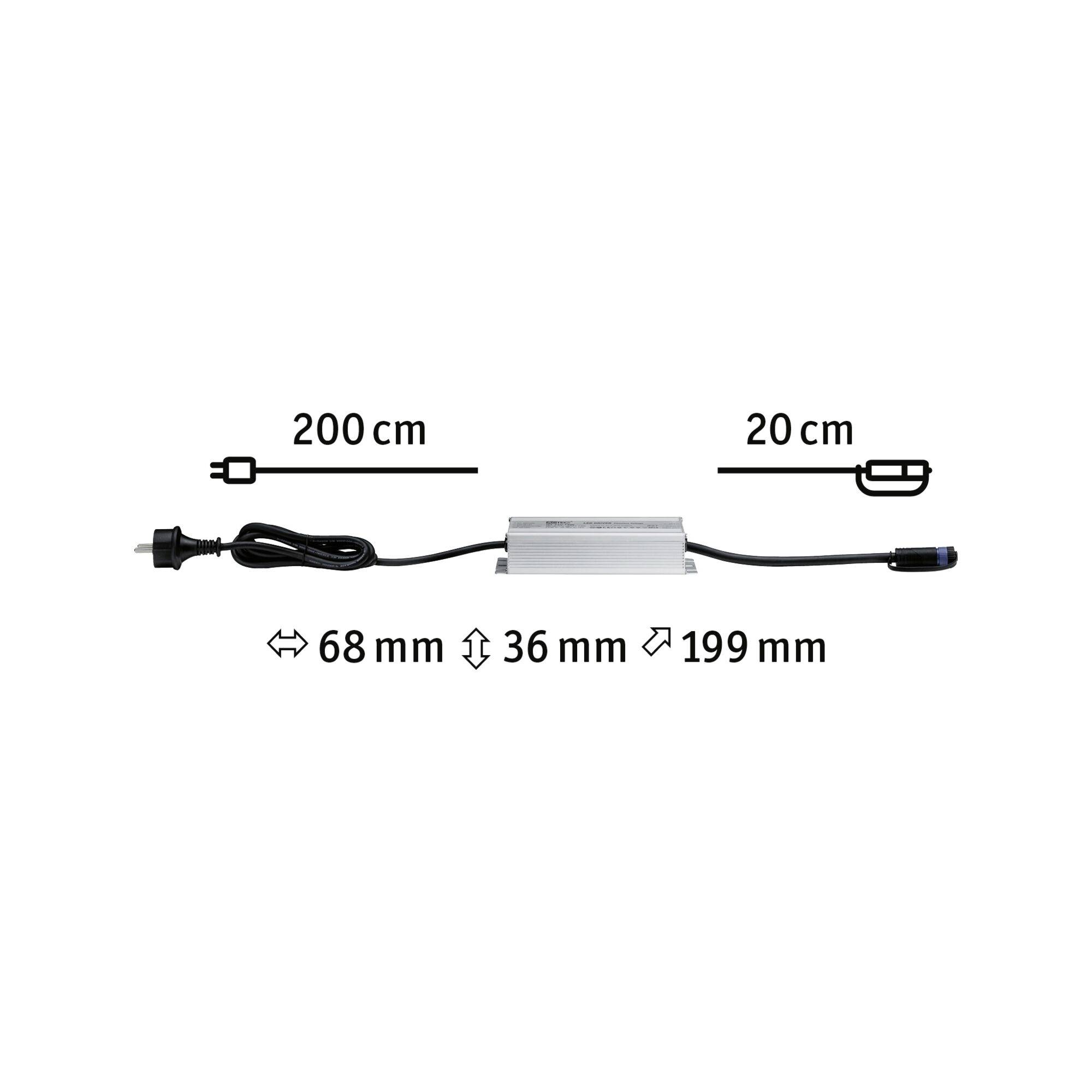 Strømforsyning med kabel: Hovedkabel er 200 cm langt, sekundærkabel er 20 cm. Kabinet: 199 mm længde, 36 mm højde, 68 mm bredde.