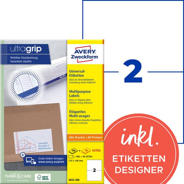 Avery-Zweckform 3655-200 Universelle etiketter 210 x 148 mm Papir Hvid 440 stk Permanent vedhæftningsevne Inkjetprinter, Laserprinter, Kopimaskine