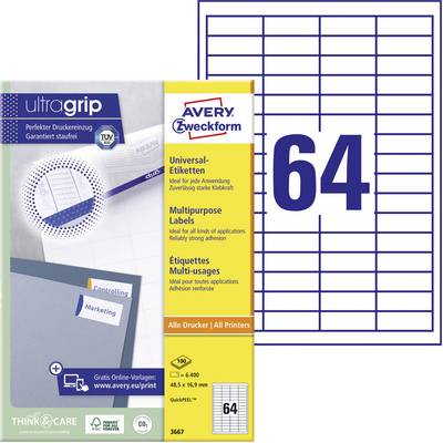 'Etiket fra Avery Zweckform: 64 etiketter pr. ark, UltraGrip til præcis udskrivning, egnet til alle printere, 45,7 x 21,2 mm.'