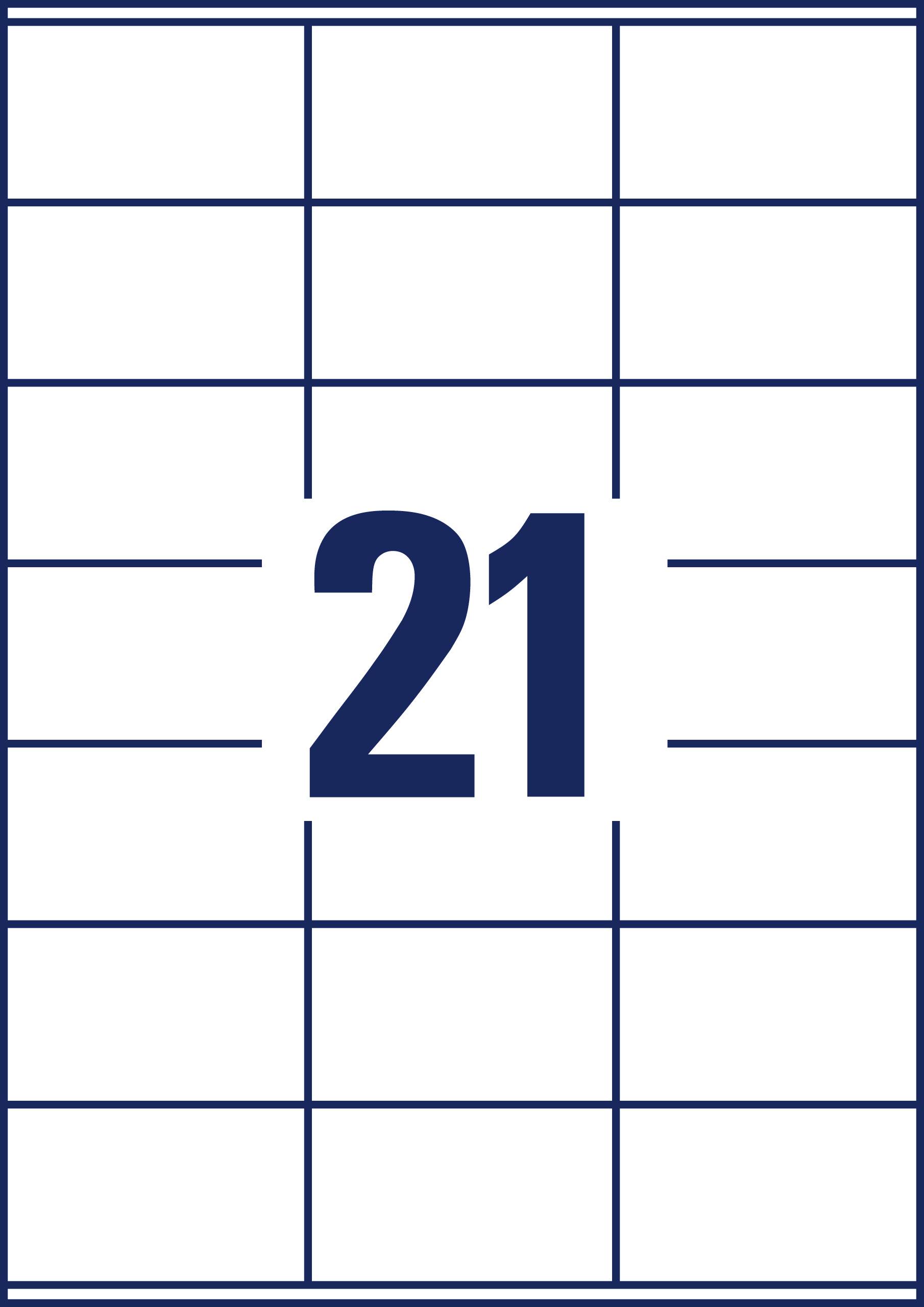 '21' i blå skrift, omgivet af et rektangulært gitter bestående af 20 lige store kvadrater på hvid baggrund.