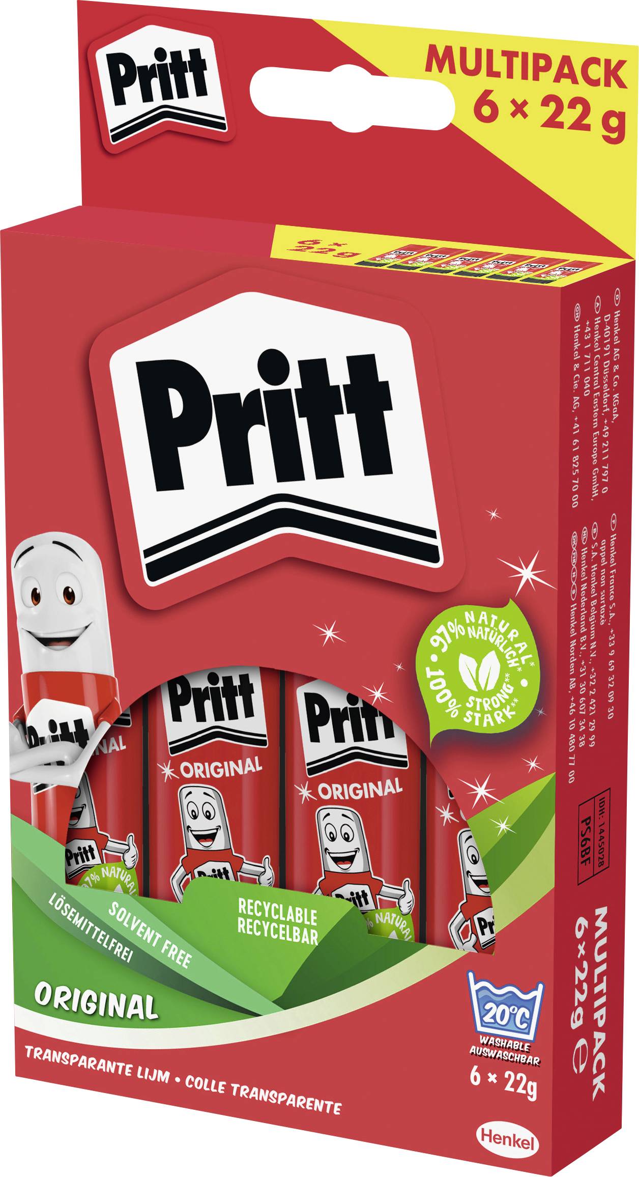 Rød og gul multipack æske med seks 22g Pritt lim-sticks, mærket 'Original', som viser genanvendelige og naturvenlige egenskaber.