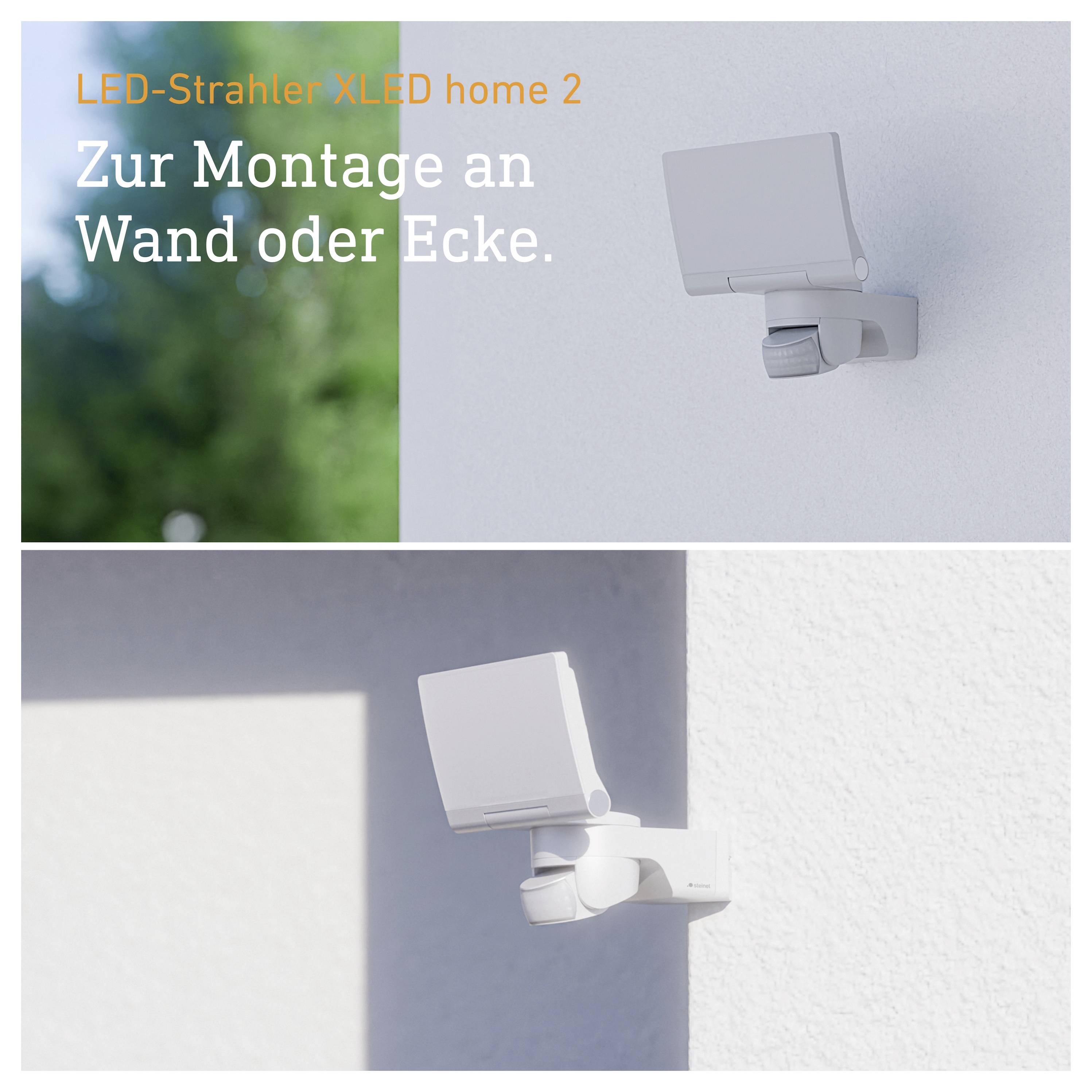 Produktbillede af LED-stråler 'XLED home 2' monteret på væg eller hjørne, med justerbar hoved og lyskegle på væggen.