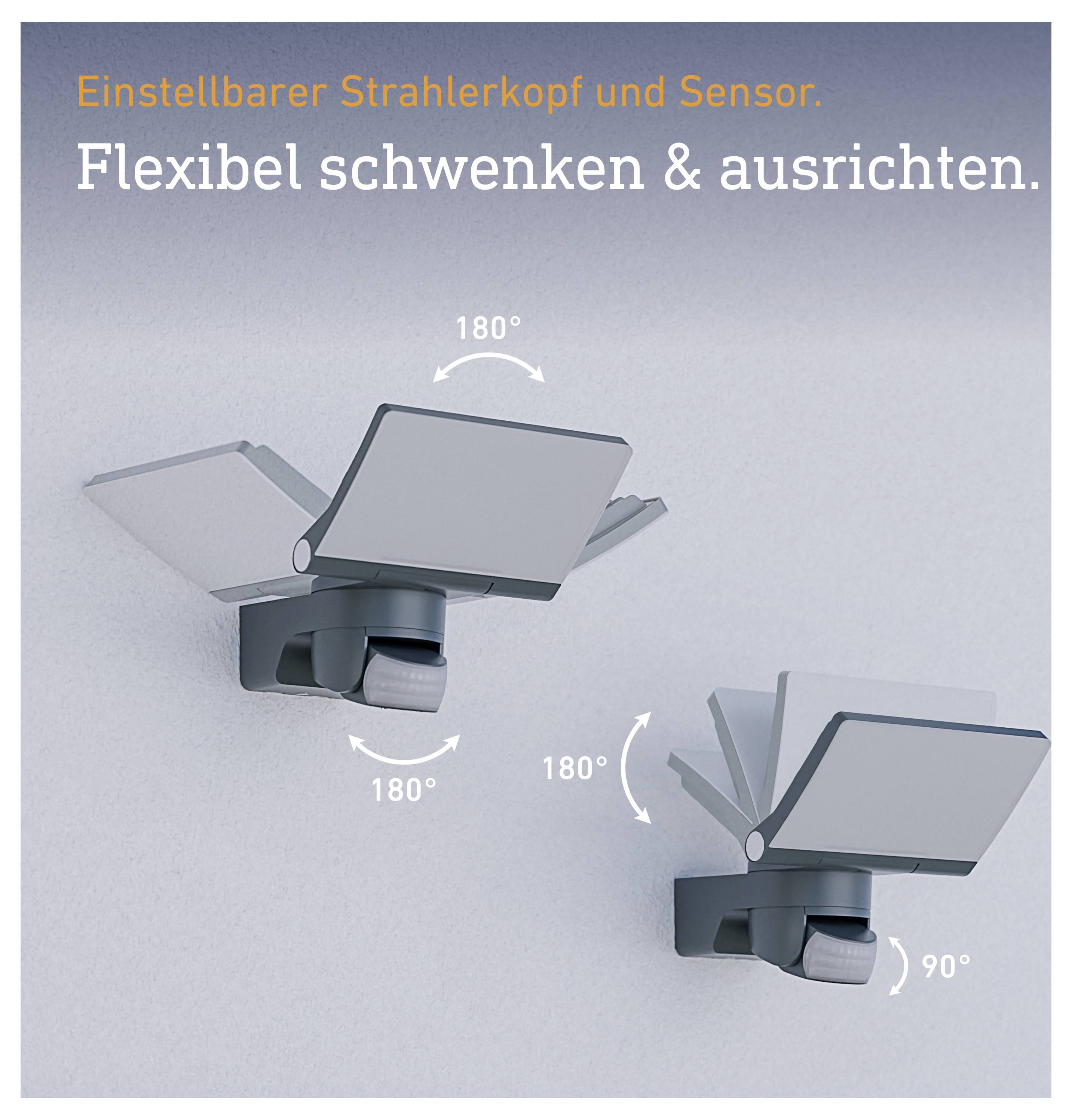 Illustration af et justerbart strålerhoved med sensor, der fleksibelt kan svinge 180° og justeres 90°.
