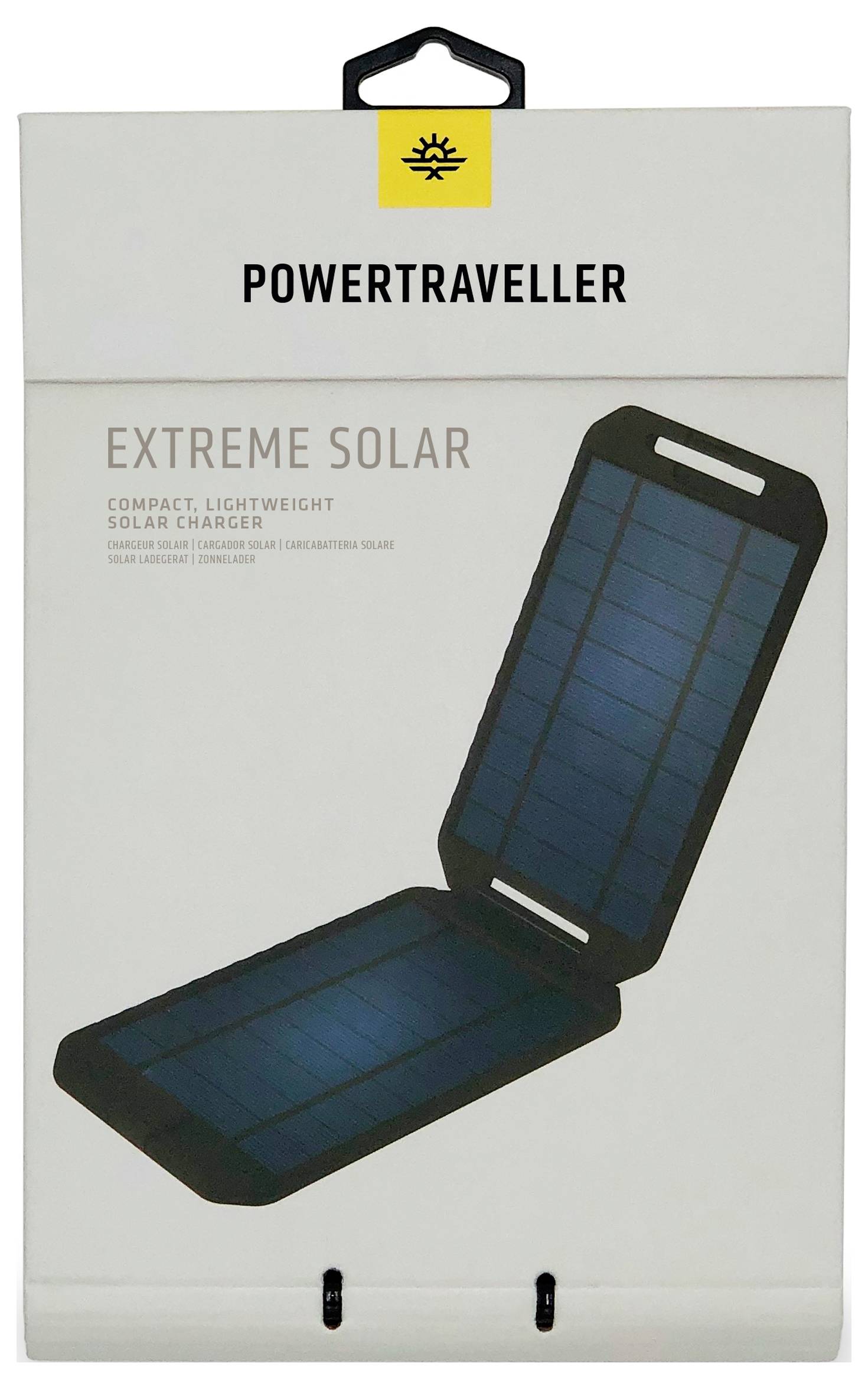 'Powertraveller Extreme Solar' oplader emballage viser et billede af en kompakt, foldbar soloplader, som understreger bærbarhed og effektivitet.