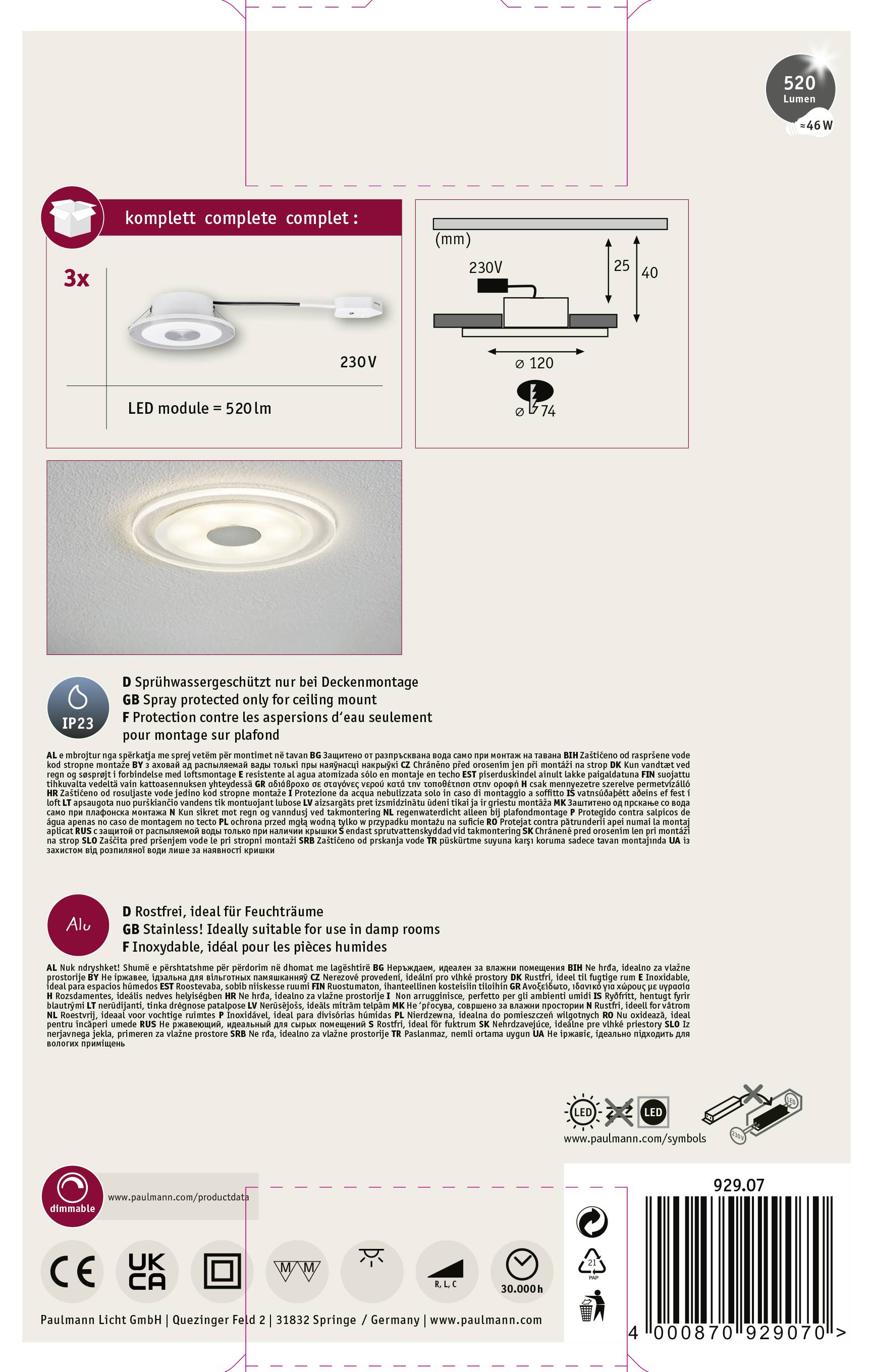 Vejledning til loftsmontering af LED-modul, 520 lumen, 230V. Belysning til fugtige rum og møbler. Mål og specifikationer.