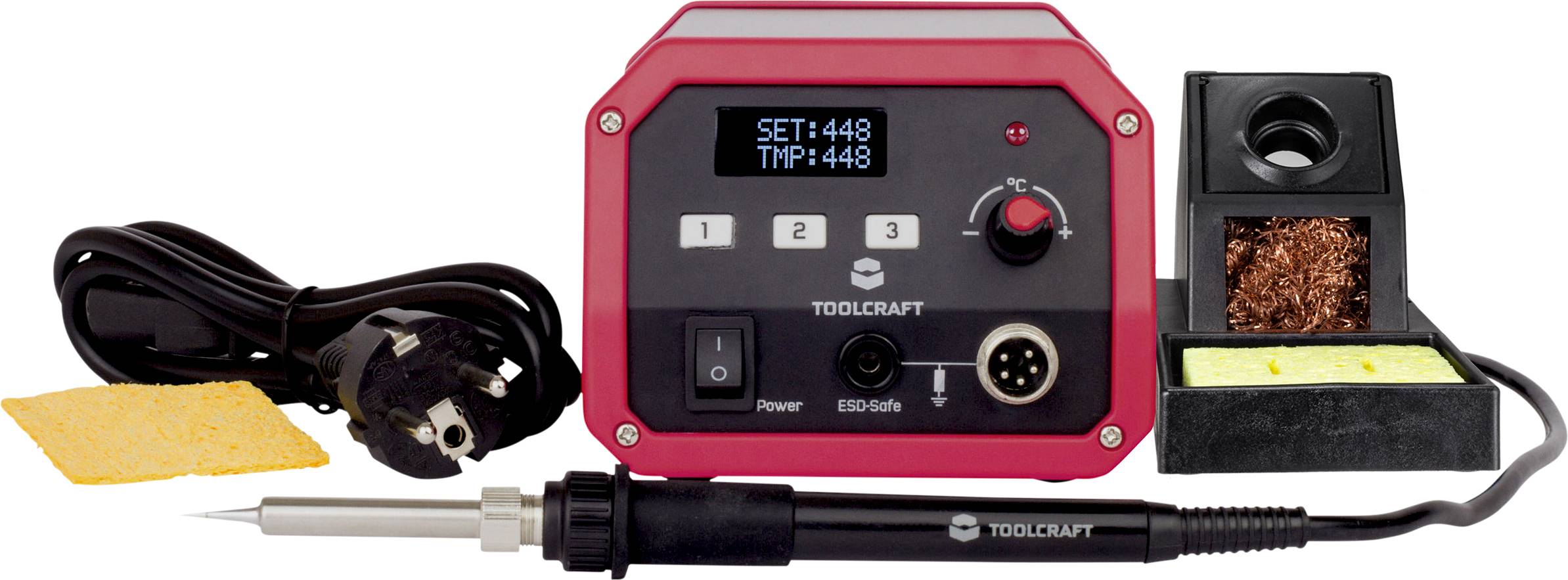 Et loddekolbesæt med digital station, temperaturvisning, loddekolbe, støttestativ, strømkabel, rensespuler og kobberledning.