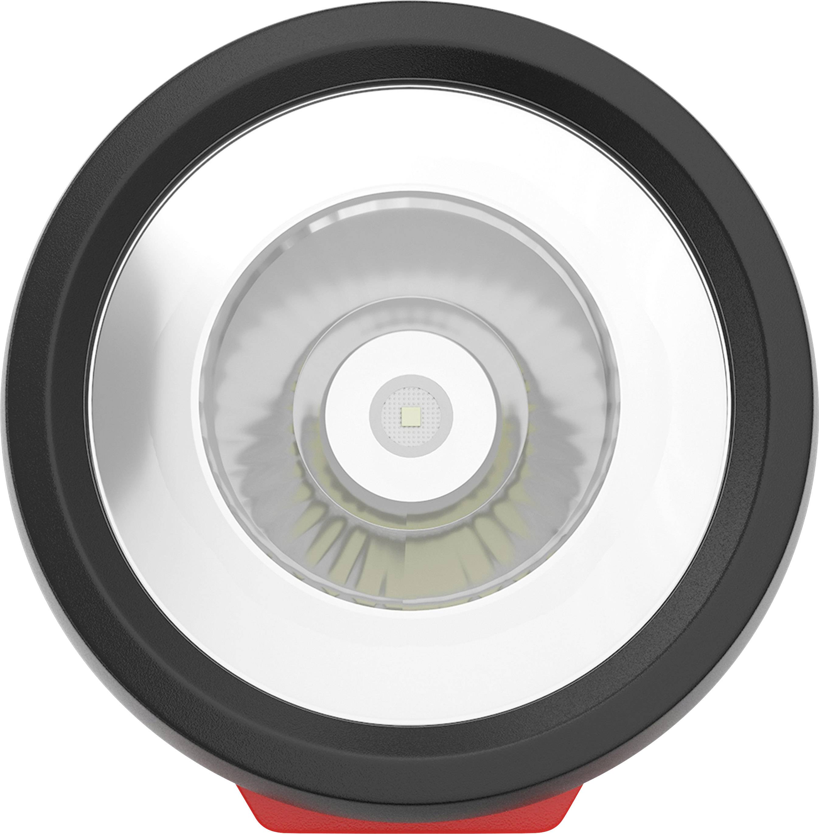 LED-lampe med sort hus, sølvfarvet reflektor og central LED, set forfra.