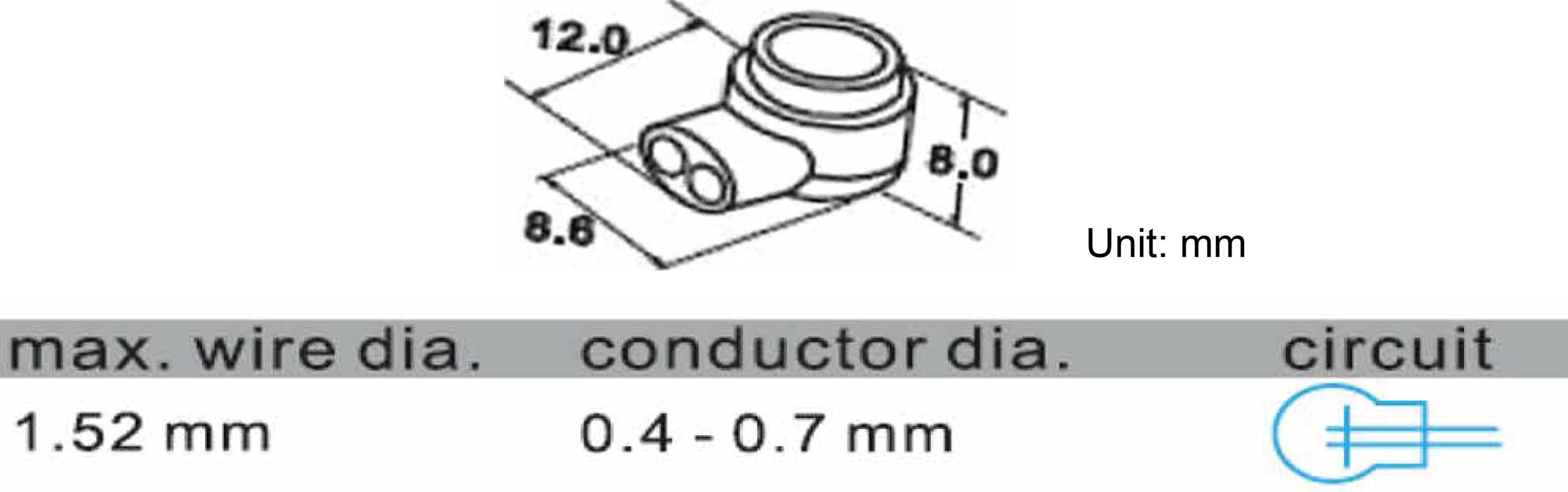 Diagram af en elektrisk stikforbinder med mål: 12,0 mm og 8,6 mm. Tabel viser maksimal tråd- og ledningsdiameter: 1,52 mm henholdsvis 0,4-0,7 mm.