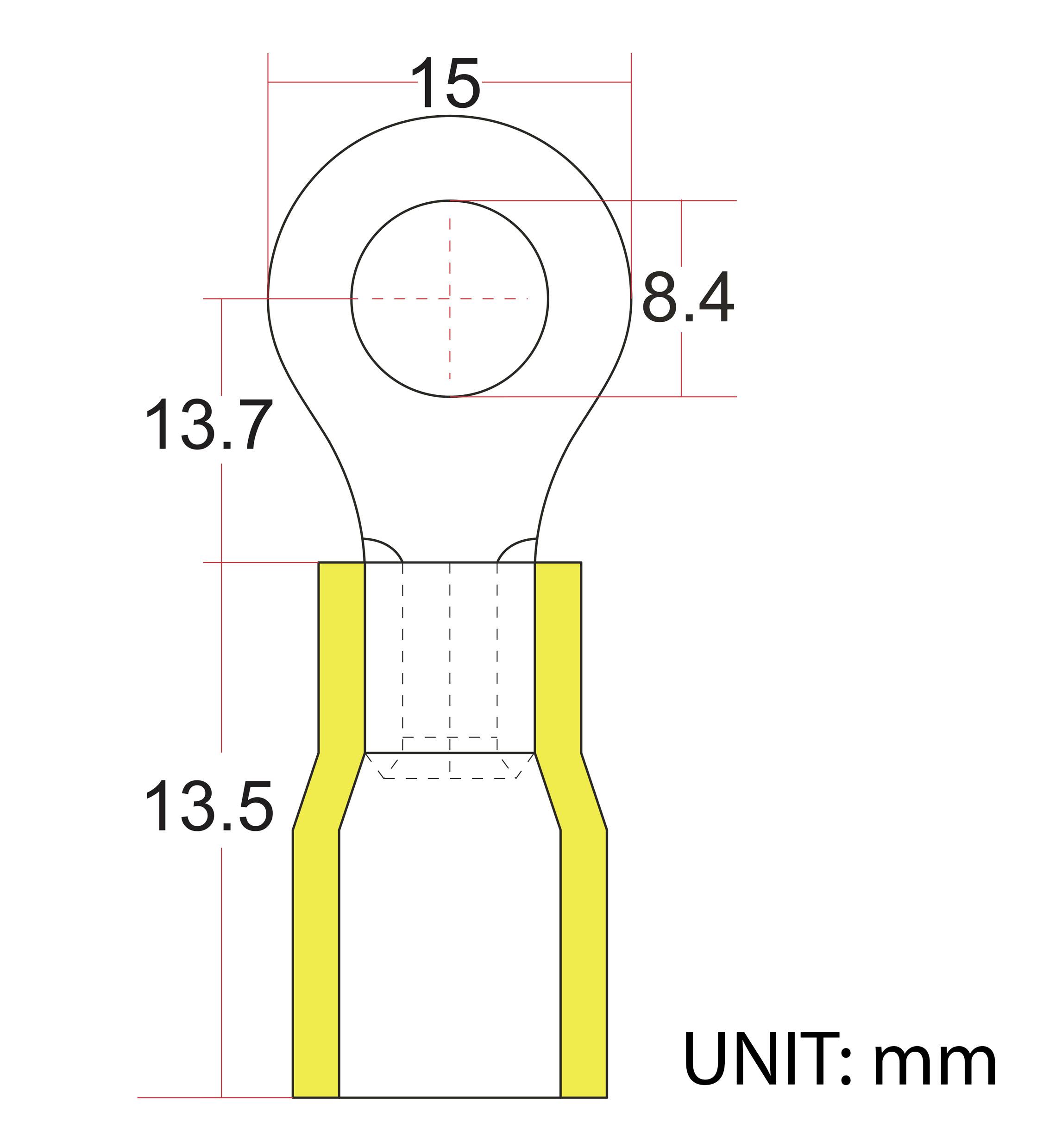 Diagram af en ringkabelsko med dimensioner: 15 mm længde, 8,4 mm huldiameter, 13,7 mm bredde og 13,5 mm højde. Dimensioner i mm.