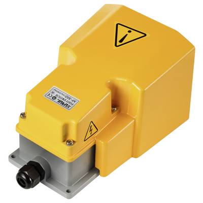 Gult elektrisk apparat med sikkerhedsadvarselsskilte og tilslutningsstykke, der tjener industrielle formål.