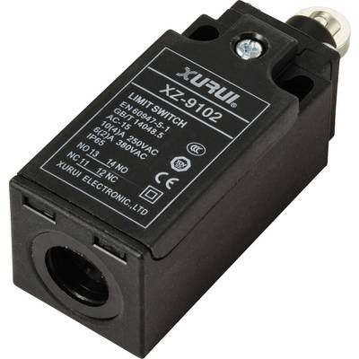 En sort endekontakt med betegnelsen 'XURUI LIMIT SWITCH XZ-9102'. Indeholder tekniske specifikationer og producentoplysninger.