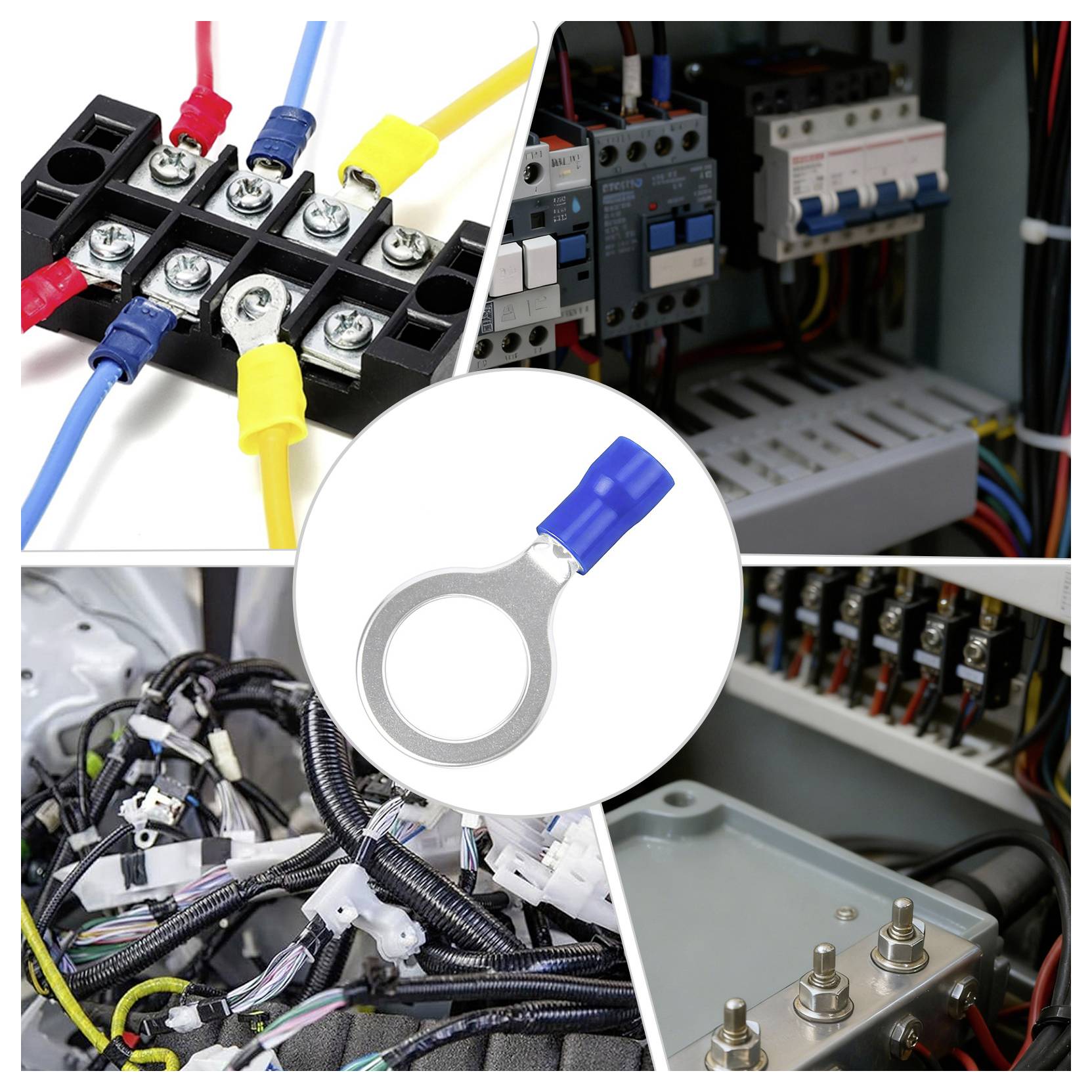 Collage af elektrisk ledningsføring og hardware: terminalblokke med farvede ledninger, kontrolpaneler, et kabelkompleks og en ringklemme i midten.