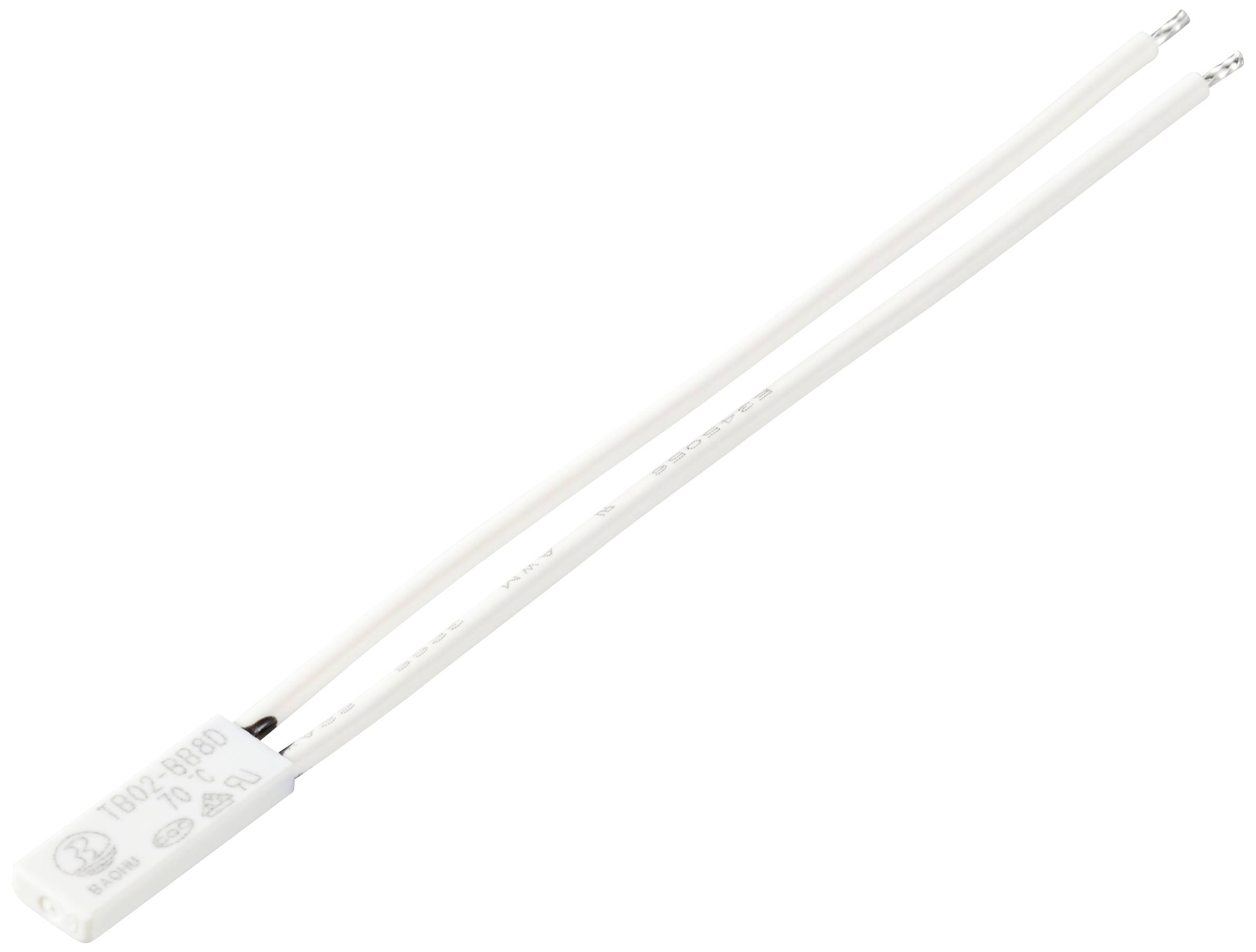 En hvid termosikringsafbryder med to fremstående ledninger til temperaturregulering i elektroniske enheder, producentmærkning synlig.