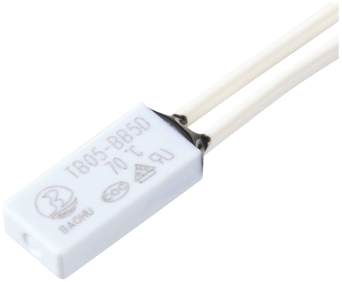 Et rektangulært elektrisk komponent mærket 'TB05-BB5D 70°C', forbundet med to hvide ledninger.