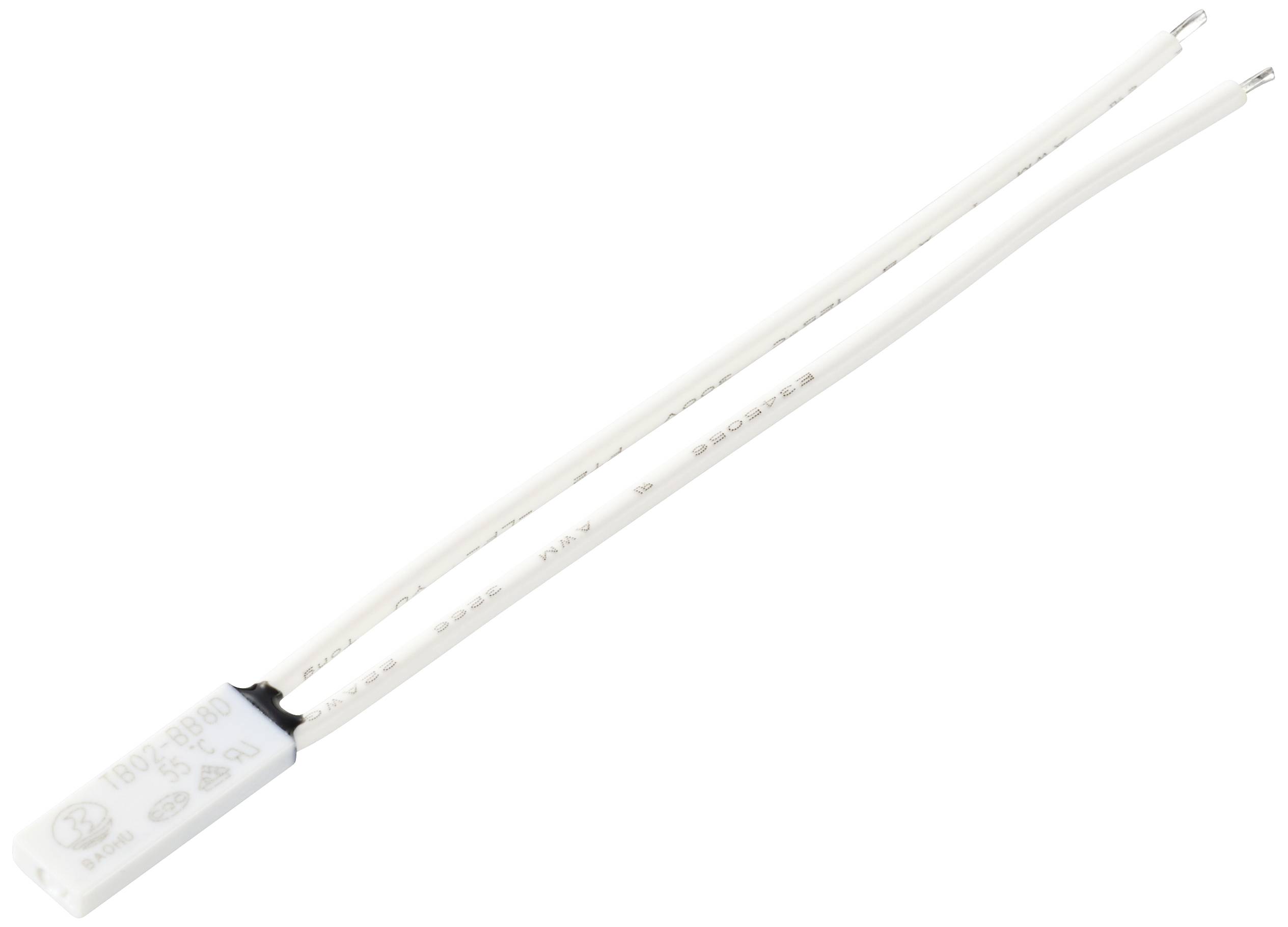 Termisk beskyttelsesafbryder med to hvide ledninger og teknisk etiket. Bruges til at forhindre overophedning i elektriske apparater.