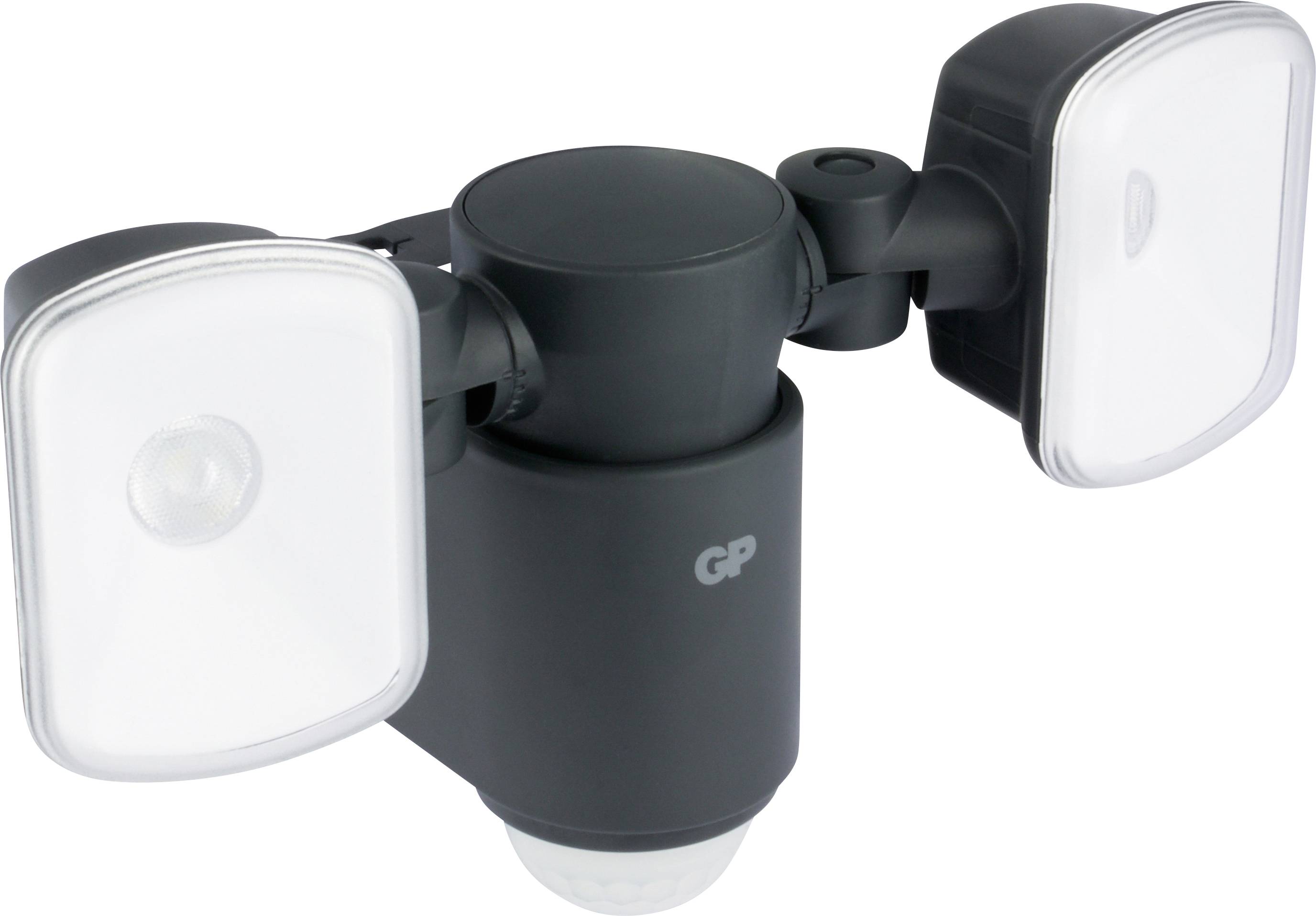 Udendørs bevægelsessensor lampe med to justerbare LED-lamper i mat sort finish.