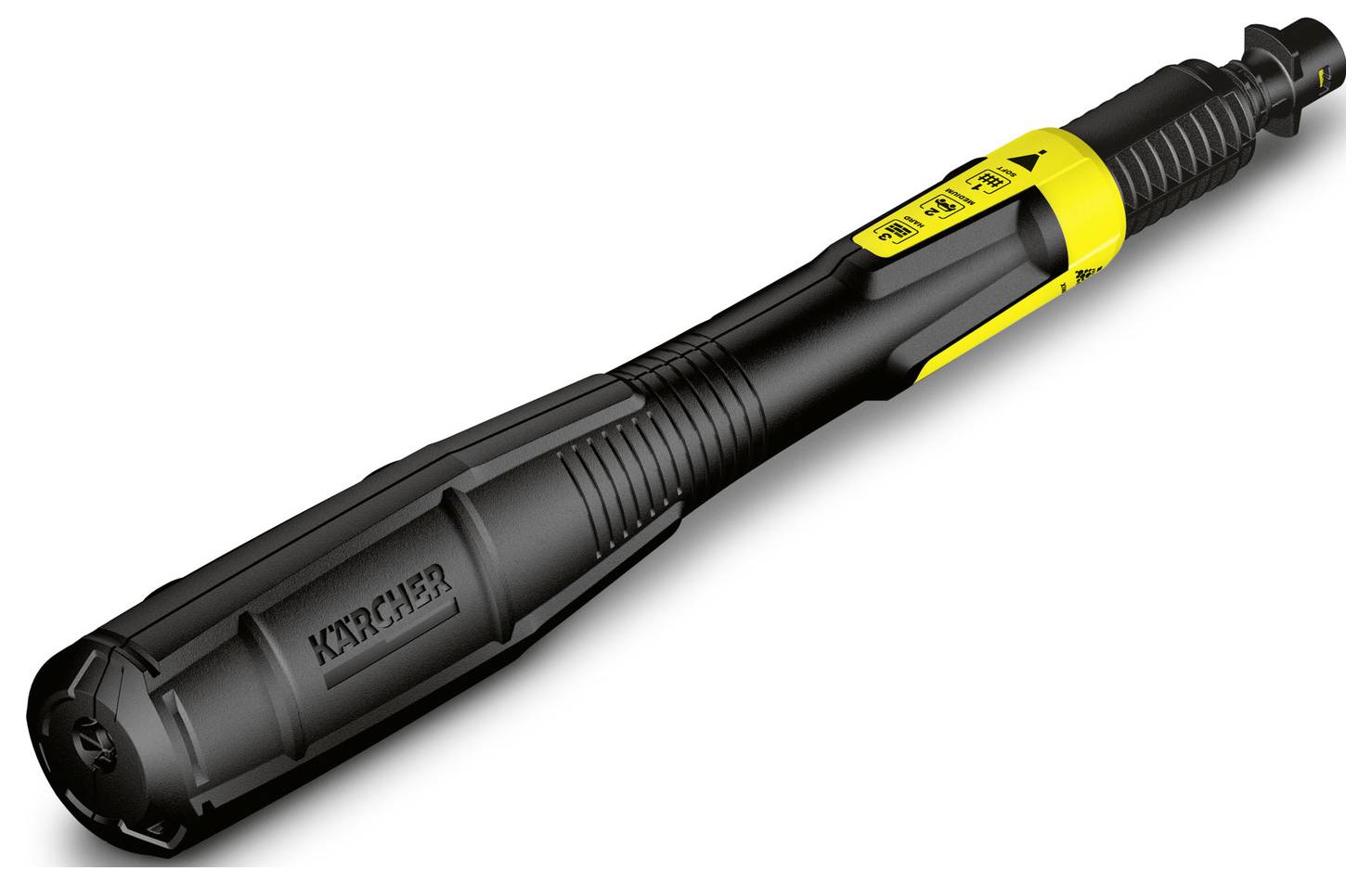 En sort og gul højtryksrenser-lance med ergonomisk greb og justerbart mundstykke, mærket 'Kärcher', designet til rengøringsopgaver.