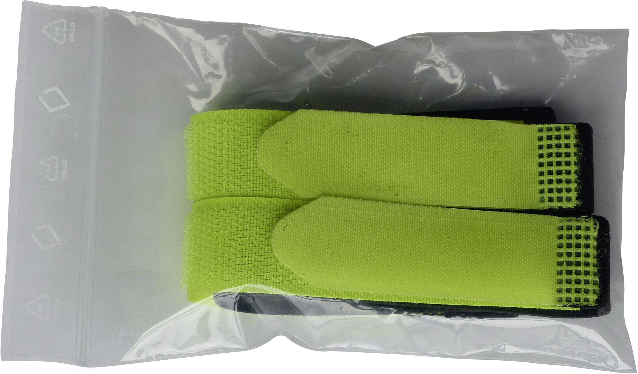 To neongyldne velcrobånd i en gennemsigtig plastpose.
