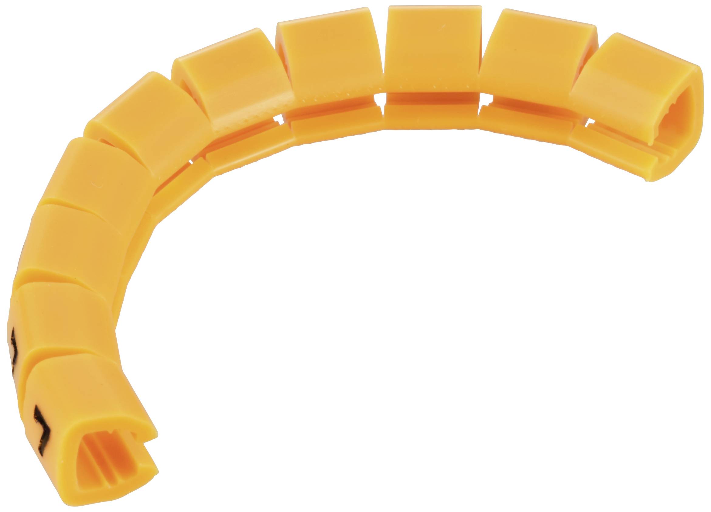 Et gult, fleksibelt plastikdel med flere sammensatte segmenter, som kan bruges som et beskyttelsesrør til kabler.
