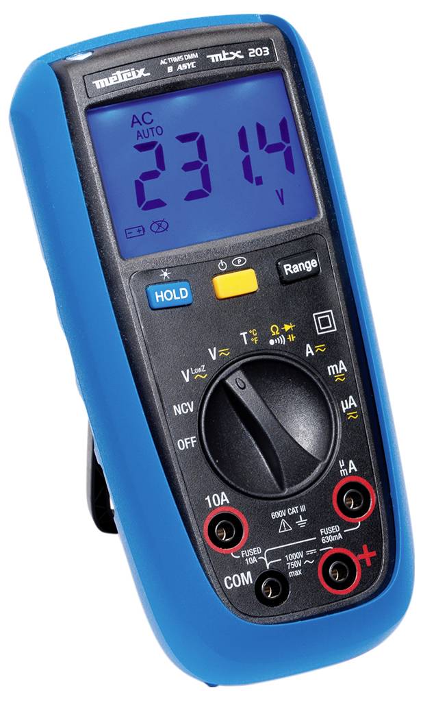 Digitalt multimeter med blå kabinet viser '231,4 V AC'. Drejeskyder og knapper til måling af forskellige elektriske værdier.