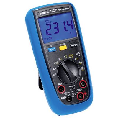 Digitalt multimeter med blå kabinet viser '231,4 V AC'. Drejeskyder og knapper til måling af forskellige elektriske værdier.