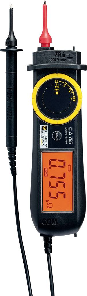 Digitalt multimeter med to sonder, én sort og én rød, viser 0,76 på en orange belyst skærm.