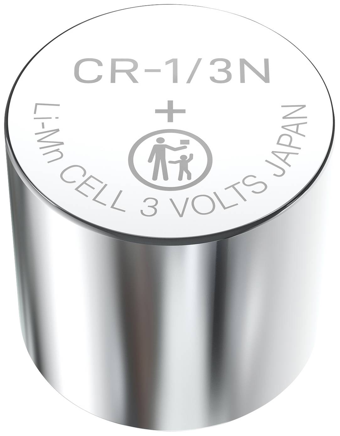 Sølvfarvet, rund knapcellebatteri med påskriften 'CR-1/3N' og 'Li-Mn CELLE 3 VOLT JAPAN'. Symbol for bortskaffelsesretningslinjer.