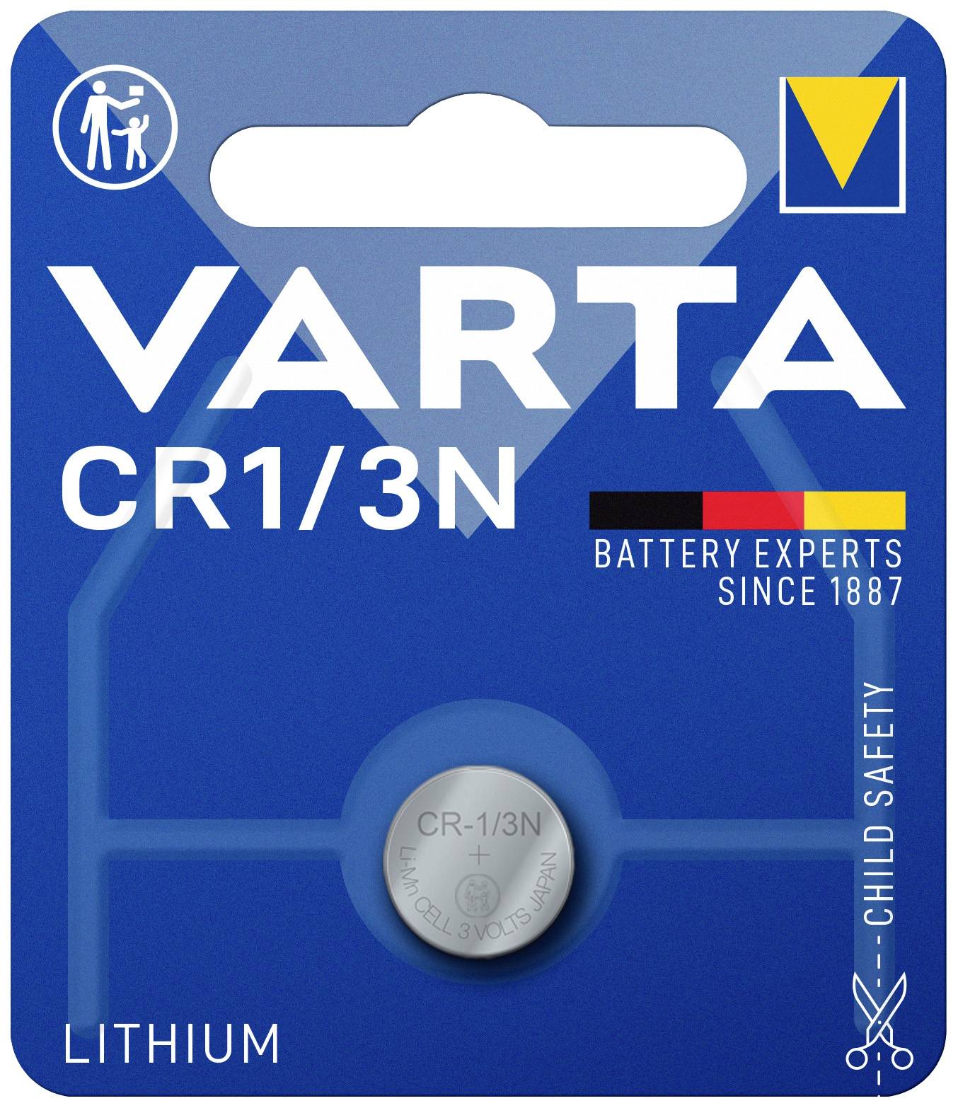 Blisterpakning med Varta lithiumbatteri CR1/3N. Emballagen er blå med hvidt mærkelogo og teksten 'Batterieksperter Siden 1887'.