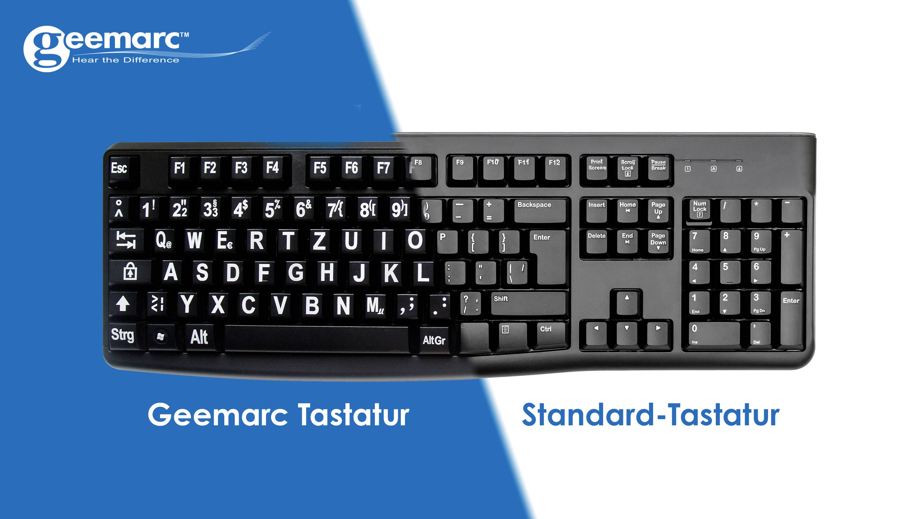 Tastatursammenligning: Til venstre Geemarc-tastatur med store, hvide bogstaver på sorte taster. Til højre standard-tastatur.