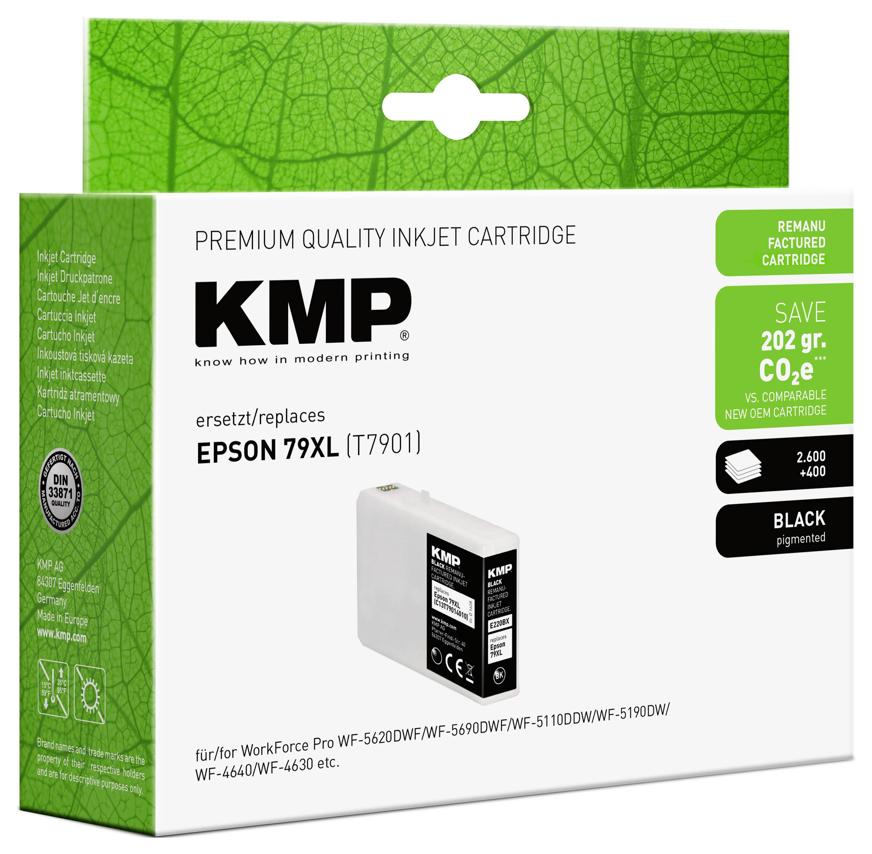 KMP premium blækpatroncartridge-æske til Epson 79XL (T7901), sort pigment, viser "spar 202 gr. CO2" og "genproduceret cartridge".