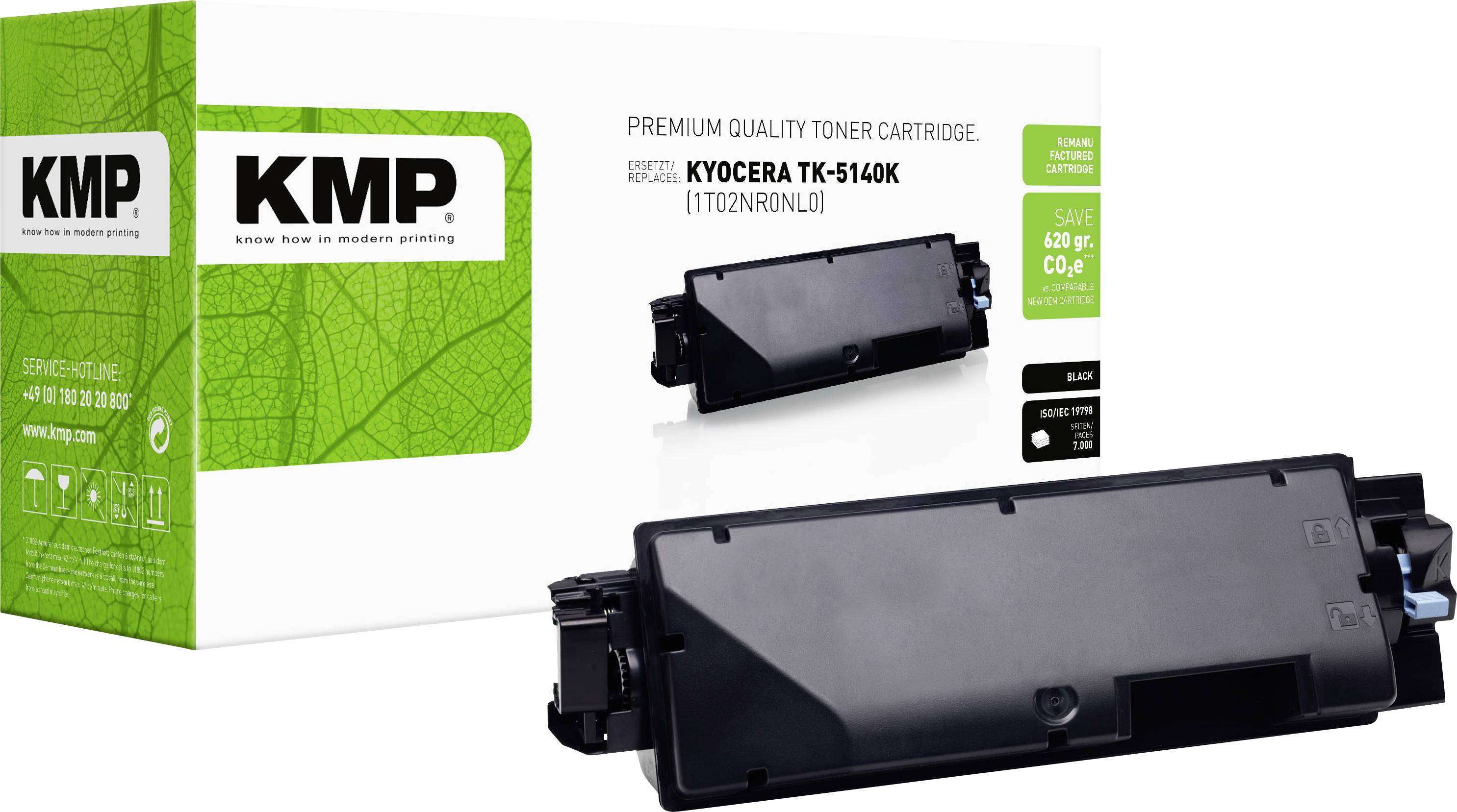 KMP premium kvalitets tonerpatron til Kyocera TK-5140K, vist med grøn produktboks og sort patron på hvid baggrund.